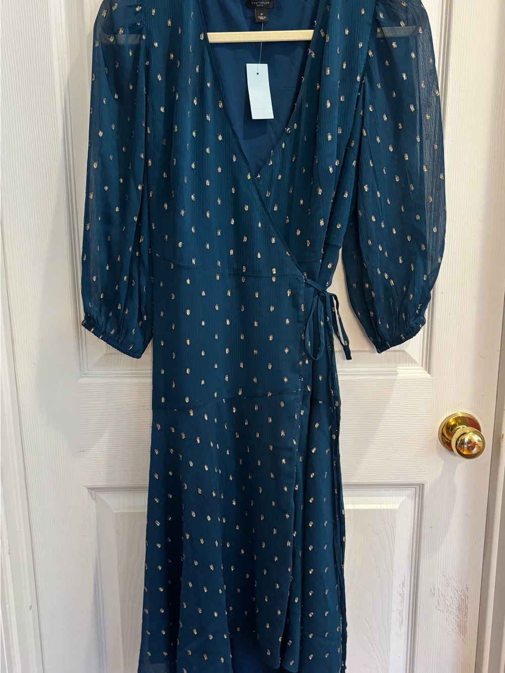 Ann Taylor Petite Teal Gold Metallic Wrap Midi Dress NWT